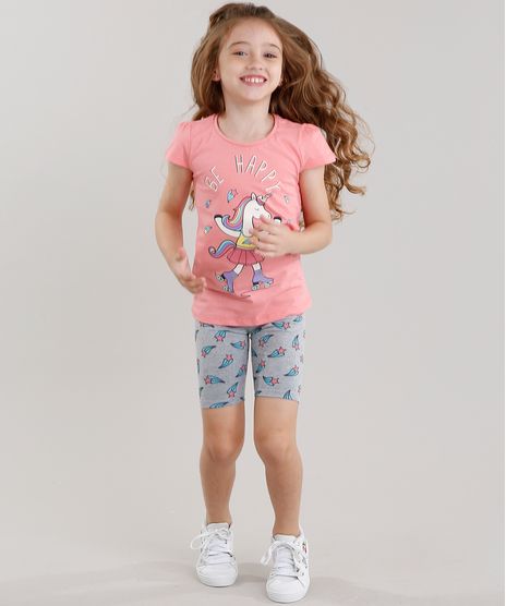 Conjunto-Infantil-de-Blusa-Unicornio-Manga-Curta-Rosa---Bermuda-Estampada-em-Algodao---Sustentavel-Cinza-Mescla-9048458-Cinza_Mescla_1