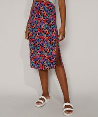 Saia-Feminina-Midi-Estampada-de-Borboletas-com-Fenda-Preta-9975431-Preto_1