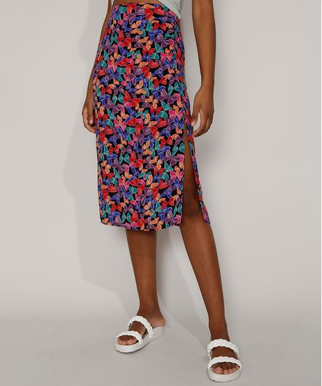 Saia-Feminina-Midi-Estampada-de-Borboletas-com-Fenda-Preta-9975431-Preto_1