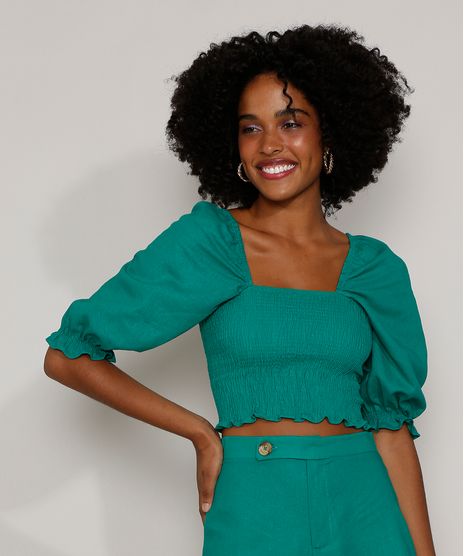 Blusa-de-Linho-Feminina-Manga-Bufante-Cropped-com-Lastex-Decote-Reto-Verde-9982101-Verde_1