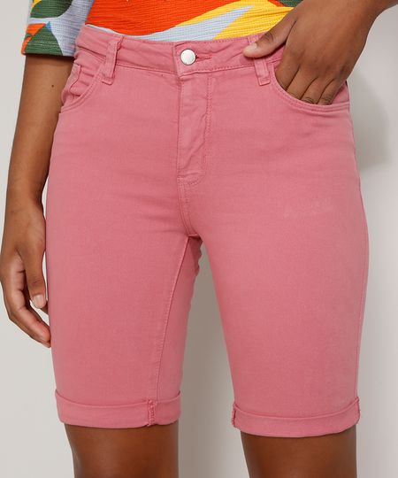 Bermuda-de-Sarja-Feminina-Ciclista-Cintura-Media-com-Barra-Dobrada-Rosa-9977094-Rosa_1