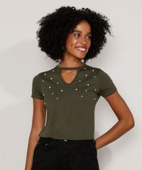 Camiseta-Feminina-Basica-Choker-com-Perolas-Manga-Curta-Verde-Militar-9973887-Verde_Militar_1