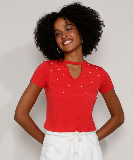 Camiseta-Feminina-Basica-Choker-com-Perolas-Manga-Curta-Vermelha-9973887-Vermelho_1