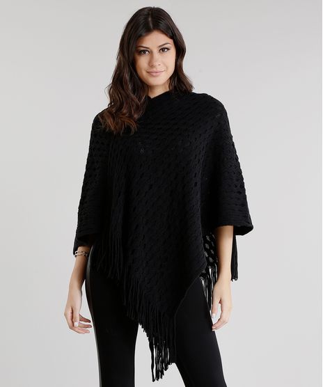 Poncho-Feminino-em-Trico-com-Franjas-Preto-8482125-Preto_1
