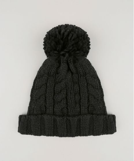Gorro-Feminino-em-Trico-com-Pompom-Preto-8754445-Preto_1