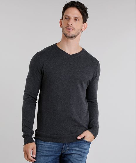 Sueter-Masculino-em-Trico-Gola-V-Manga-Longa-Cinza-Mescla-Escuro-8848759-Cinza_Mescla_Escuro_1