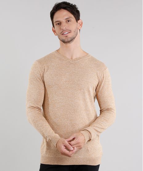 Sueter-Masculino-em-Trico-Mescla-Gola-V-Manga-Longa-Caramelo-8848759-Caramelo_1