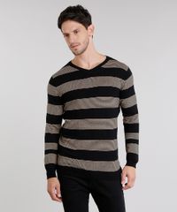 Sueter-Masculino-Listrado-em-Trico-Gola-V-Manga-Longa-Preto-8848785-Preto_1