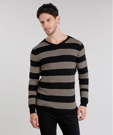 Sueter-Masculino-Listrado-em-Trico-Gola-V-Manga-Longa-Preto-8848785-Preto_1