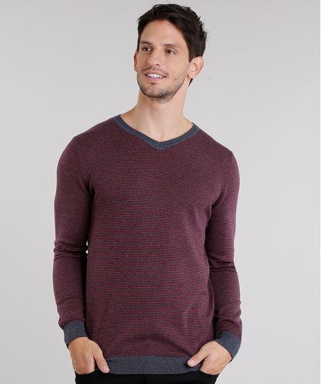 Sueter-Masculino-Listrado-em-Trico-Gola-V-Manga-Longa-Vinho-8848785-Vinho_1