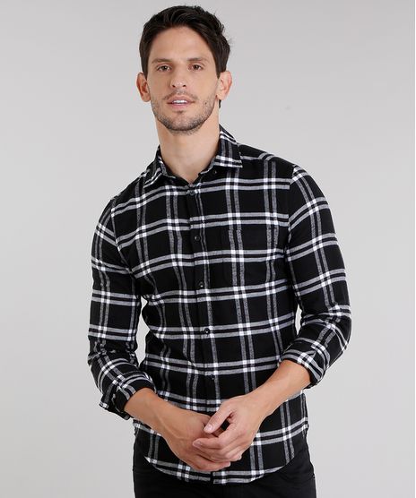 Camisa-Masculina-Slim-Xadrez-em-Flanela-Manga-Longa-Preta-8856149-Preto_1