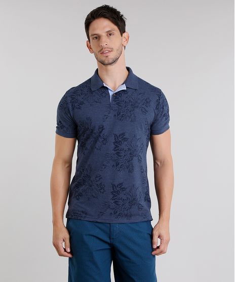 Polo-Masculina-em-Piquet-Estampada-de-Folhagens-Manga-Curta-Azul-Marinho-8975640-Azul_Marinho_1