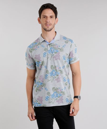 Polo-Masculina-em-Piquet-Estampada-de-Folhagens-Manga-Curta-Cinza-Mescla-8975640-Cinza_Mescla_1