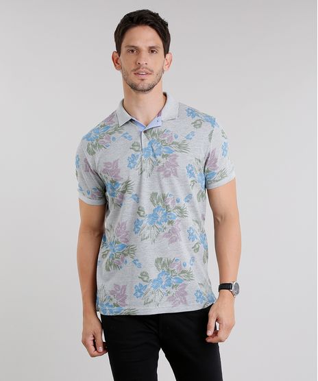 Polo-Masculina-em-Piquet-Estampada-de-Folhagens-Manga-Curta-Cinza-Mescla-8975640-Cinza_Mescla_1