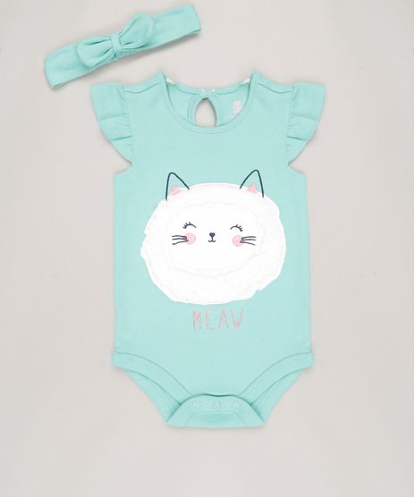 Body-Infantil--Gatinha--Manga-Curta-Decote-Redondo---Faixa-de-Cabelo-em-Algodao---Sustentavel-Verde-8820202-Verde_1
