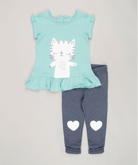 Conjunto-Infantil-de-Blusa-Gatinha-Manga-Curta-com-Laco-Verde---Calca-Legging-Azul-Marinho-8820201-Azul_Marinho_1
