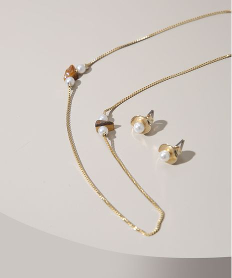 Kit-de-Colar-Feminino-Longo-com-Pedras-e-Perolas---Brinco-Dourado-9975283-Dourado_1