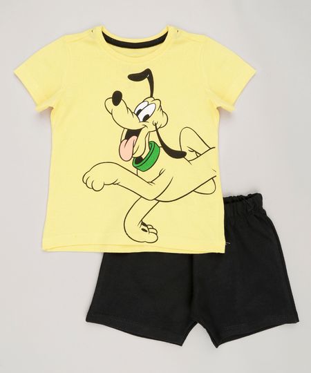 Conjunto-Infantil-Pluto-de-Camiseta-Manga-Curta-Amarela---Bermuda-em-Moletom-de-Algodao---Sustentavel-Preta-9029241-Preto_1