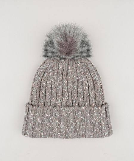 Gorro-Feminino-em-Trico-com-Pompom-Cinza-Mescla-8764827-Cinza_Mescla_1