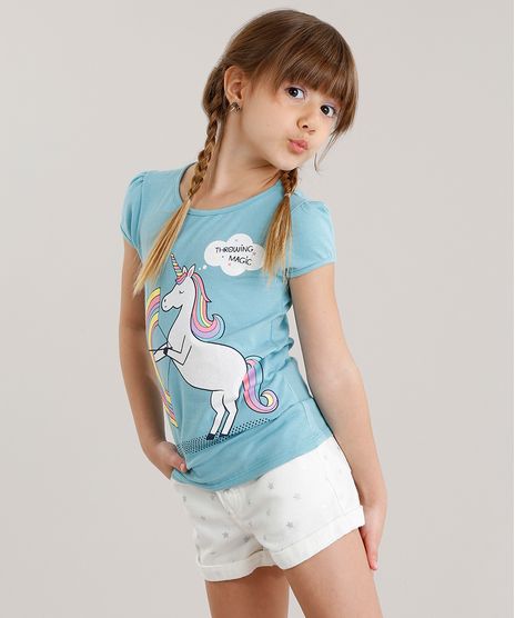 Blusa-Infantil--Unicornio--Manga-Curta-Decote-Redondo-em-Algodao---Sustentavel-Azul-Claro-9107641-Azul_Claro_1