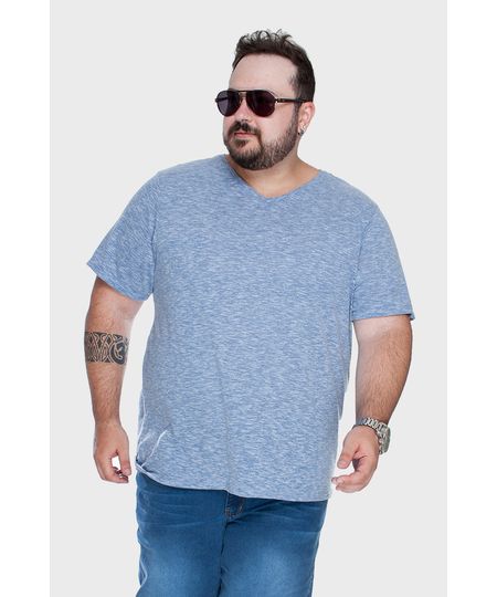 Camiseta Gola V Mesclada Plus Size - Azul-52/54 Menor preço em Camiseta Gola V Mesclada Plus Size - Azul-52/54