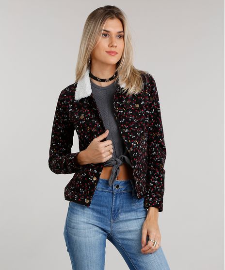 Jaqueta-Feminina-em-Veludo-Cotele-com-Pelo-Estampada-Floral-Preta-8855895-Preto_1