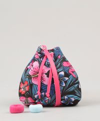 Bolsa-Infantil-Estampada-Floral-com-Elastico-de-Cabelo-Preta-9060663-Preto_1