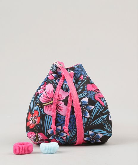 Bolsa-Infantil-Estampada-Floral-com-Elastico-de-Cabelo-Preta-9060663-Preto_1