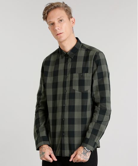 Camisa-Masculina-Xadrez-Manga-Longa-Verde-Militar-8448795-Verde_Militar_1
