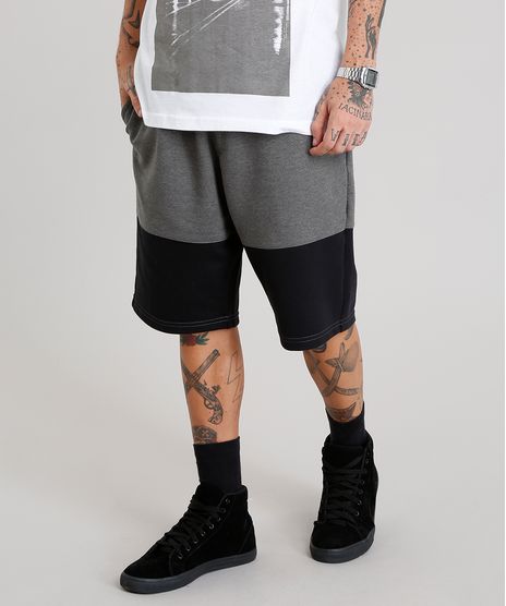 Bermuda-Masculina-Relaxed-em-Moletom-com-Recorte-Cinza-Mescla-Escuro-8586711-Cinza_Mescla_Escuro_1