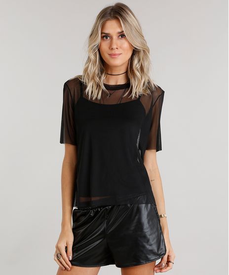 Blusa-Feminina-em-Tule-com-Regata-Manga-Curta-Gola-Redonda-Preta-9046742-Preto_1