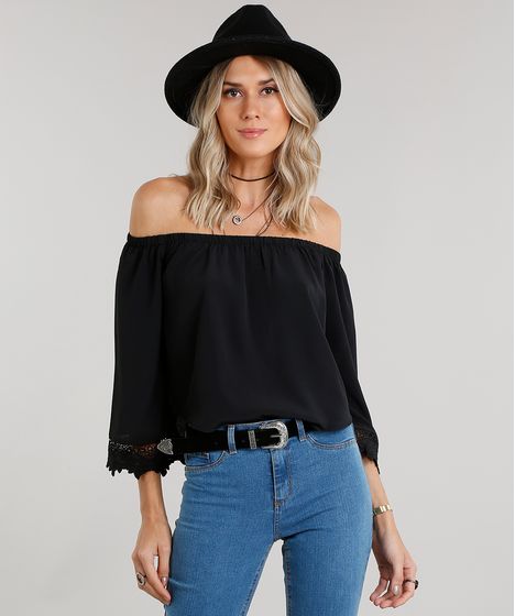 Blusa Feminina Ciganinha Cropped Com Renda Manga Longa Preta Cea