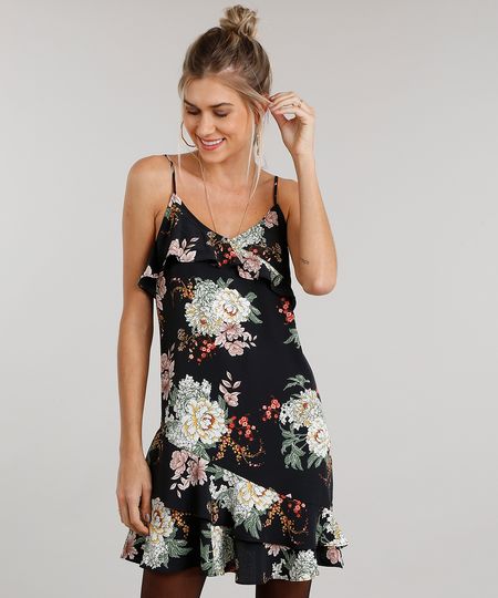 Vestido-Feminino-Estampado-Floral-Curto-de-Alca-com-Babados-Preto-8897465-Preto_1