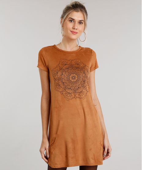 Vestido-Feminino-em-Suede-Curto-com-Mandala-Manga-Curta-Caramelo-9034085-Caramelo_1