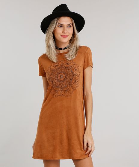 Vestido-Feminino-em-Suede-Curto-com-Mandala-Manga-Curta-Caramelo-9034084-Caramelo_1
