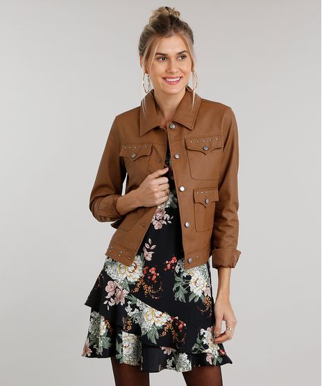 Jaqueta-Feminina-Trucker-com-Tachas-Manga-Longa-Gola-Redonda-Caramelo-8853685-Caramelo_1