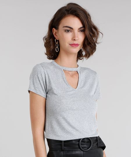 Blusa Feminina Básica Choker Manga Curta Decote Redondo Cinza Mescla Menor preço em Blusa Feminina Básica Choker Manga Curta Decote Redondo Cinza Mescla