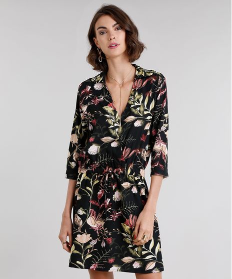 Vestido-Feminino-Chemise-Estampado-Floral-Curto-Decote-V-Preto-9081177-Preto_1