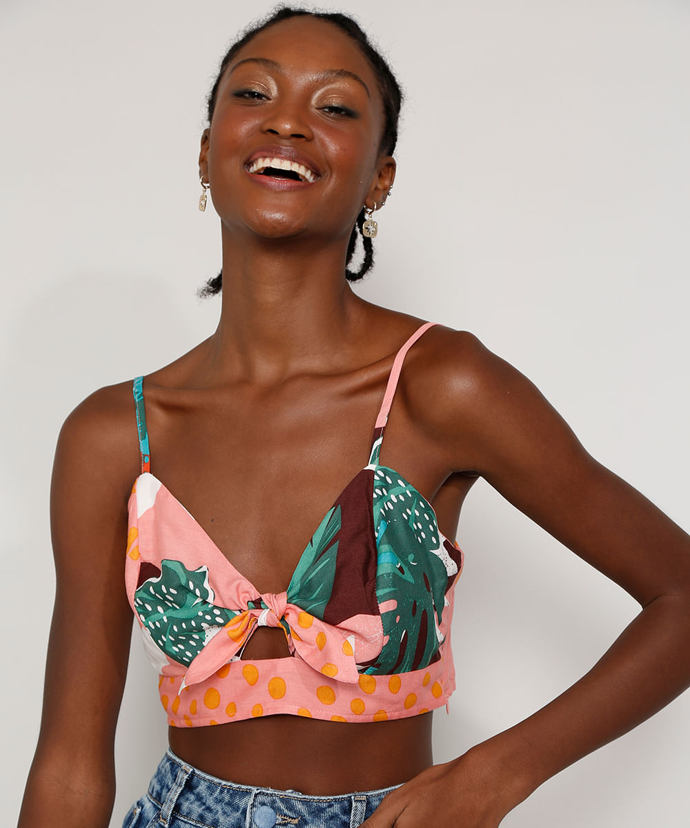 Top Cropped Feminino Estampado de Folhagem com Nó Alça Fina Decote V Rosa