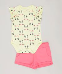 Conjunto-Infantil-de-Body-Estampado--de-Coelhos-com-Babado-Sem-Manga---Short-em-Moletom-Rosa-Escuro-9064369-Rosa_Escuro_1