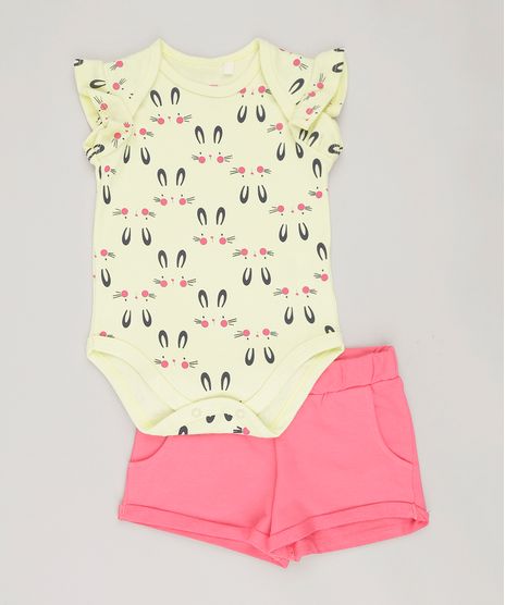 Conjunto-Infantil-de-Body-Estampado--de-Coelhos-com-Babado-Sem-Manga---Short-em-Moletom-Rosa-Escuro-9064369-Rosa_Escuro_1