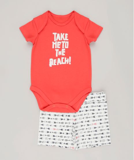 Conjunto-Infantil-de-Body-Manga-Curta-Vermelho---Short-em-Moletom-Estampado-de-Peixes-Off-White-9073697-Off_White_1