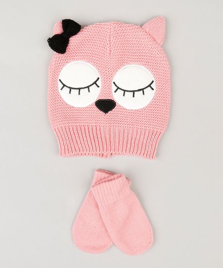 Kit-Infantil-de-Gorro-Coruja-com-Orelhas-e-Laco---Luva-em-Trico-Rosa-8864981-Rosa_1