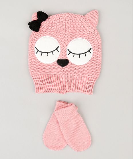 Kit-Infantil-de-Gorro-Coruja-com-Orelhas-e-Laco---Luva-em-Trico-Rosa-8864981-Rosa_1