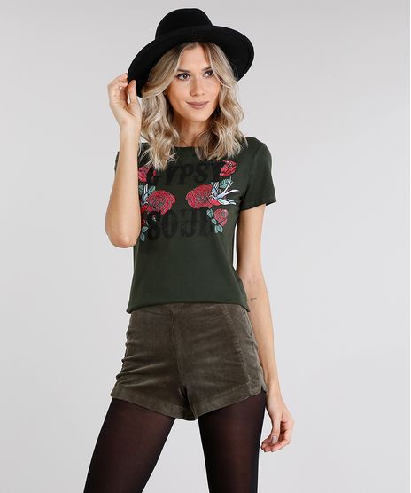 Blusa-Feminina--Gipsy-Soul--com-Estampa-Floral-Decote-Redondo-Manga-Curta-Verde-Militar-9028242-Verde_Militar_1