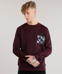 Blusao-Masculino-em-Moletom-com-Bolso-Estampado-Floral-Manga-Longa--Vinho-8830144-Vinho_1
