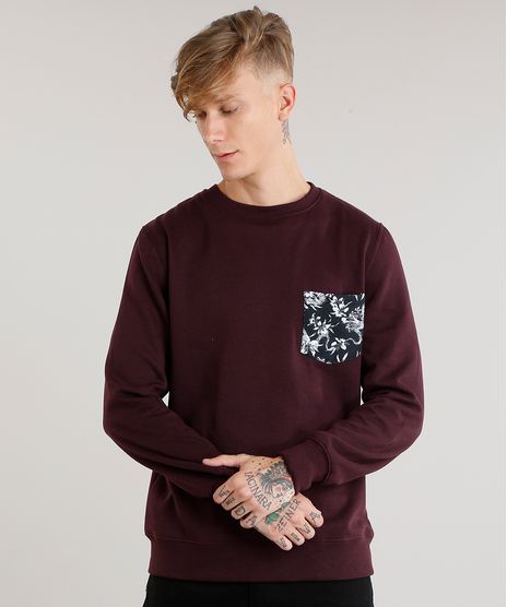 Blusao-Masculino-em-Moletom-com-Bolso-Estampado-Floral-Manga-Longa--Vinho-8830144-Vinho_1