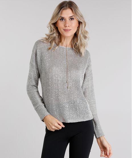 Sueter-Feminino-com-Paetes-em-Trico-Manga-Longa-Decote-Redondo-Cinza-Mescla-8892825-Cinza_Mescla_1