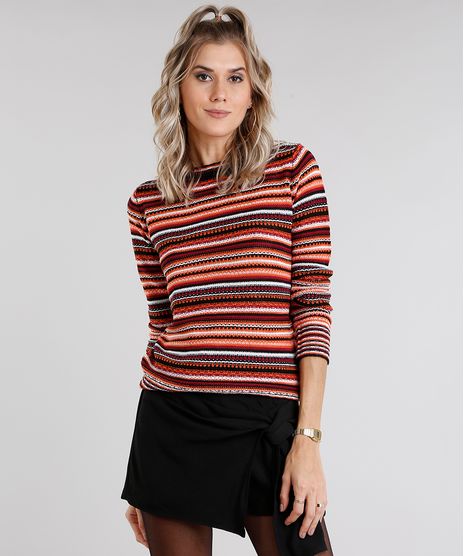 Sueter-Feminino-em-Trico-Listrado-Manga-Longa-Decote-Redondo-Laranja-8847432-Laranja_1
