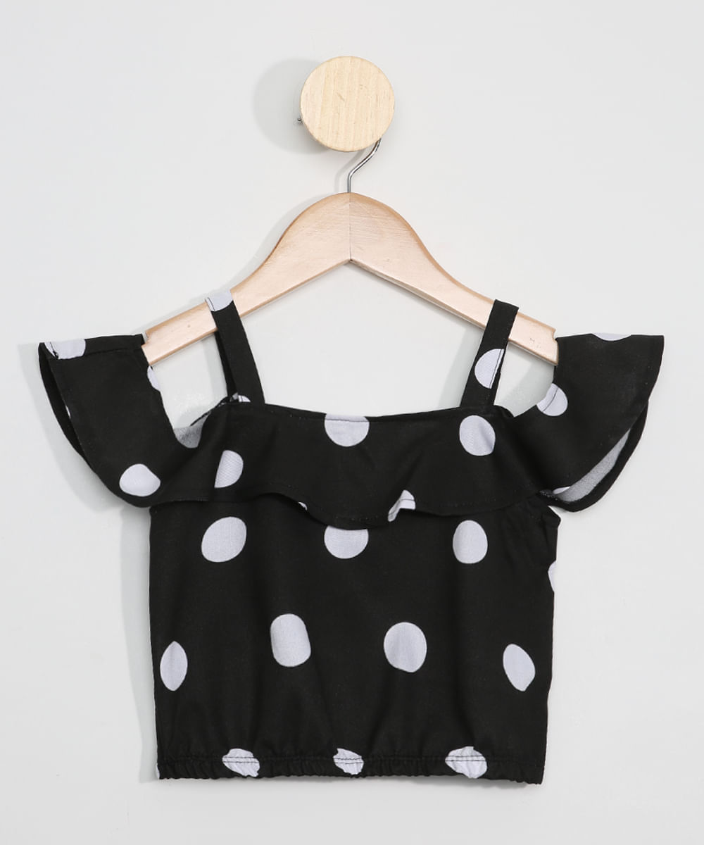 Blusa Cropped Infantil Estampada Poá Open Shoulder Manga Curta Preto